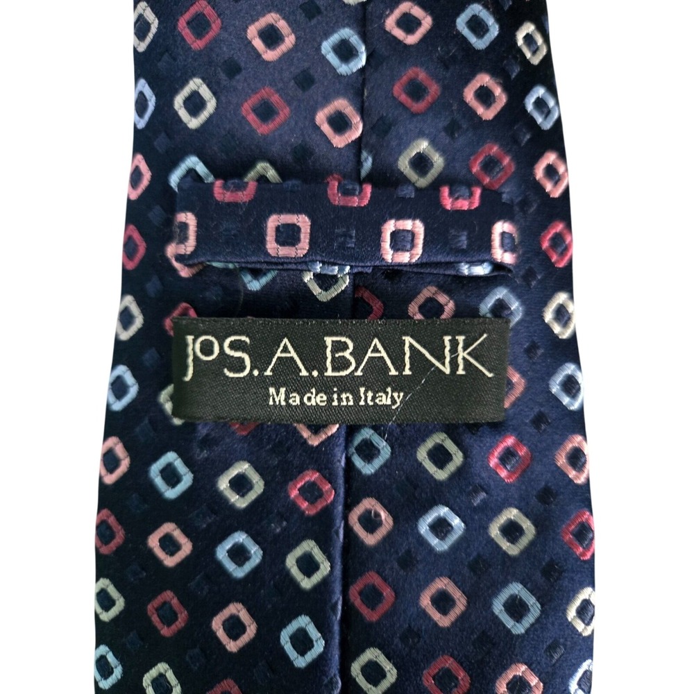 Jos. A. Bank Mens Navy Blue Geometric Square 100% Silk Necktie Made in Italy